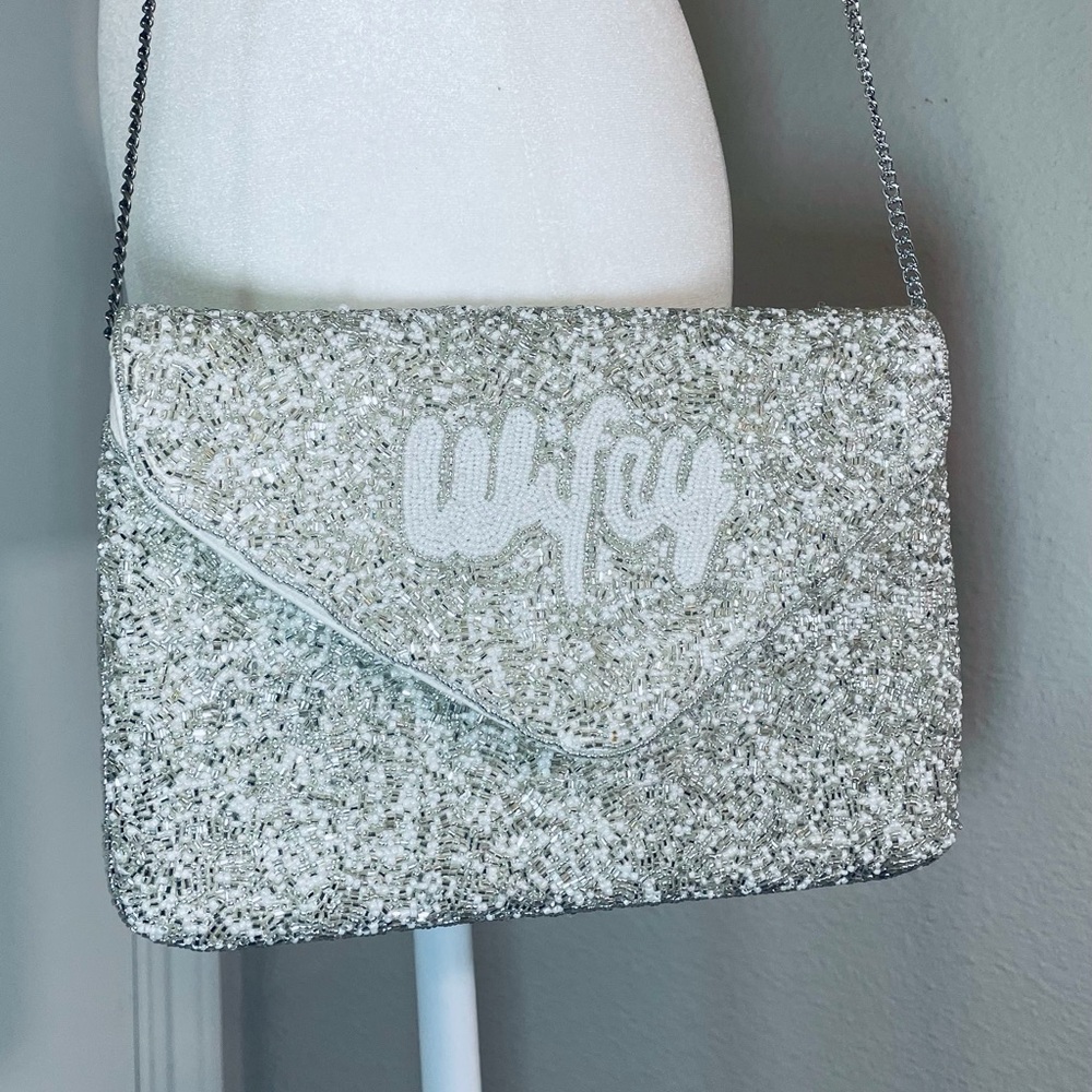 Beaded "Wifey" Clutch Bag - Silver/White with Silver Chain Strap